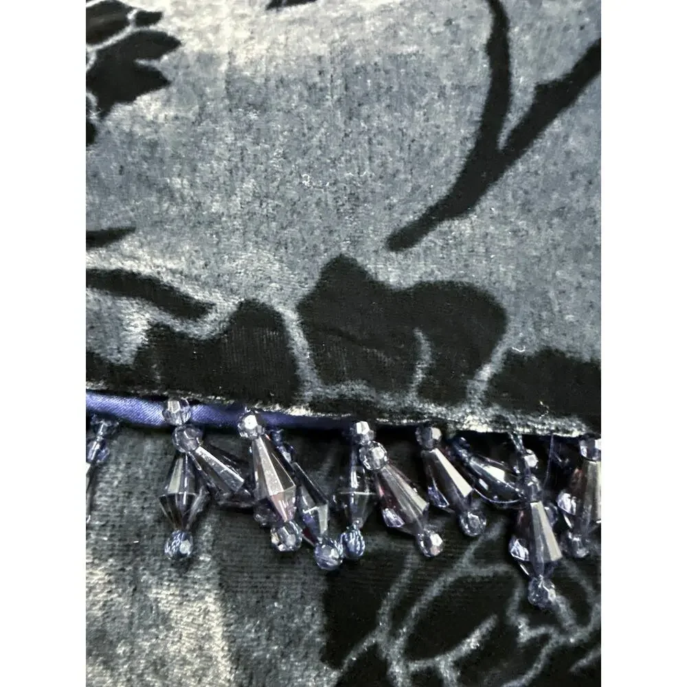 Westone Silk Velvet Burnout Floral Throw Wrap Black Gray Beaded Fringe Vintage